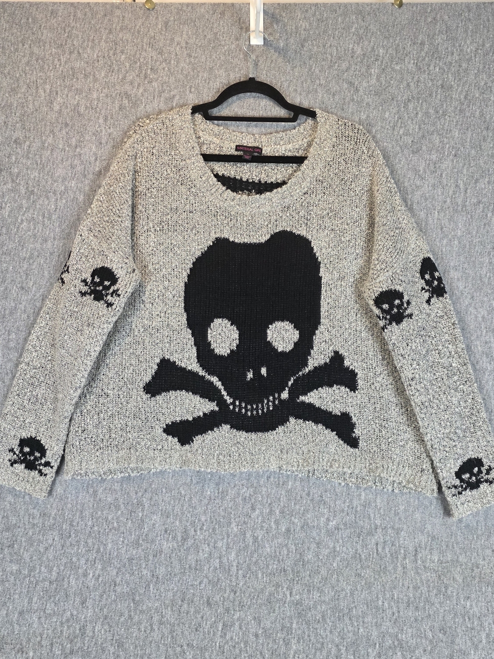Material Girl Skull Intarsia Crew Neck Sweater Black Grey WL Halloween Goth Punk